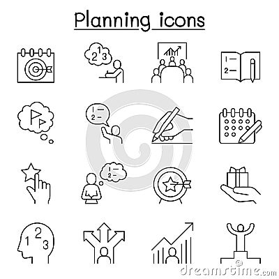 Planning, strategy, schedule icon set in thin line style Vector Illustration