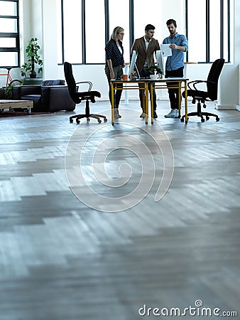 Planning, strategy and teamwork with business people in meeting with floor mockup for goal, idea or marketing Stock Photo