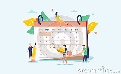 Planning vector illustration. Flat mini persons concept with schedule calendar. System to organize daily routine. Vector Illustration