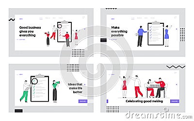 Planning, Victory Website Landing Page Set. Businesspeople Filling Checklist for Successful Completion of Business Tasks Vector Illustration