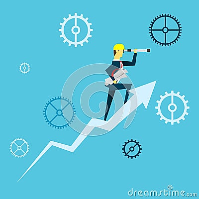 Planning work. Businessman lurking from a distance and stand above the arrow growth. Concept business illustration. Stock Photo