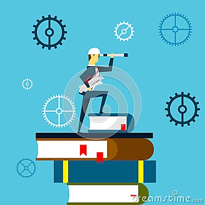 Planning work. Businessman lurking from a distance and standing on a book. Concept business illustration. Stock Photo