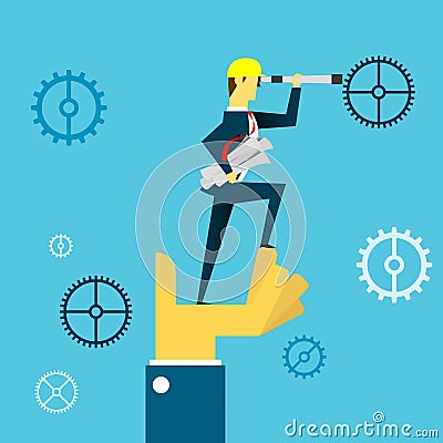 Planning work. Businessman lurking from a distance and standing on hands. Concept business illustration. Stock Photo