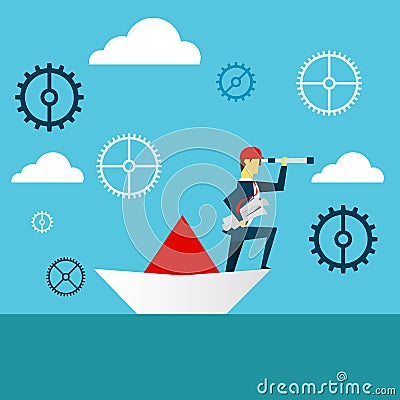 Planning work. Businessman lurking from a distance and standing on paper boat. Concept business illustration. Cartoon Illustration