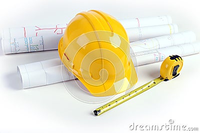 Plans, Hardhat and Measuring Tape Stock Photo
