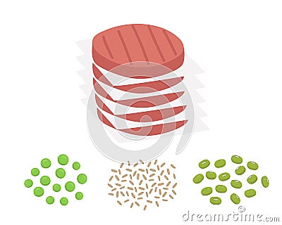 Plant based burger patties with their ingredients, mung beans, brown rice and pea. Vegan meat concept. Vector flat Vector Illustration