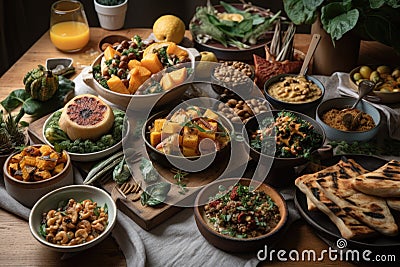 plant-based feast, featuring variety of vegetable and fruit dishes Stock Photo