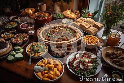 plant-based feast, featuring variety of vegetable and fruit dishes Stock Photo