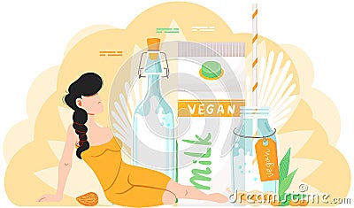 Woman in yellow dress lying near packs with natural drink. Plant-based vegan milk in containers Vector Illustration