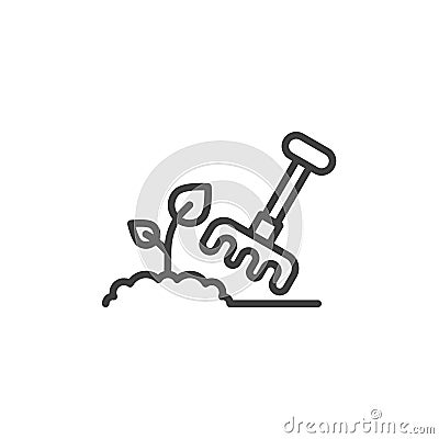 Plant cultivating with rake line icon Vector Illustration