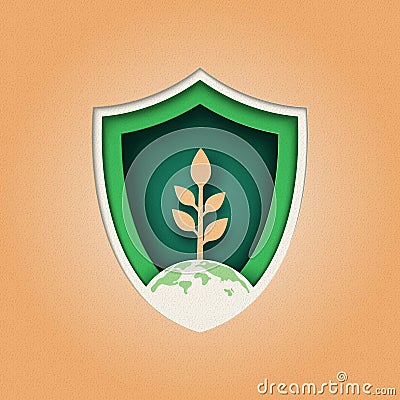Plant and eco shield logo design.Nature and ecology conservation concept.Paper cut vector illustration Vector Illustration
