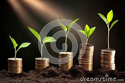 Plant growing from coins in finance planning for capital growth Stock Photo