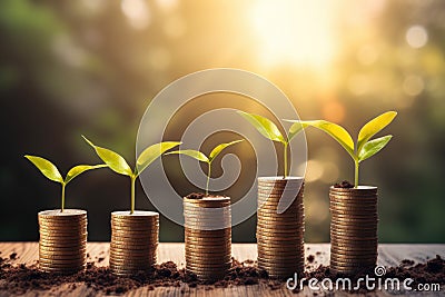 Plant growing from coins in finance planning for capital growth Stock Photo