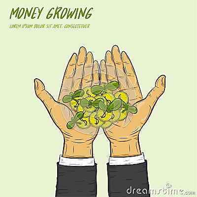 Plant growing from coins in a hand Vector Illustration