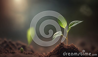 Plant grows macro, green farming and plant growth is set against with blurry backdrop, sprouting from seed and developing into a Stock Photo
