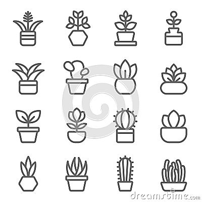 Plant icon set vector illustration. Contains such icon as Cactus, Leaf, Flower pot, Implant, Aloe, Botany and more. Expanded Strok Vector Illustration