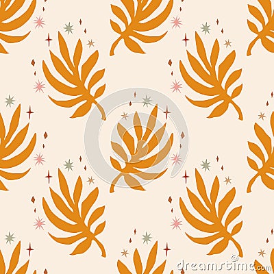 Plant leaf seamless pattern, orange flat figure on background. Minimal boho simple print design. Vector Vector Illustration