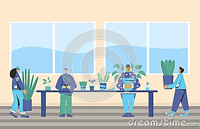 Plant lover. Man with indor flower pot. Vector Vector Illustration