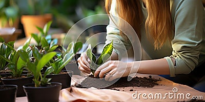 Plant nurture Woman transplanting sansevieria, tending to home plants Stock Photo