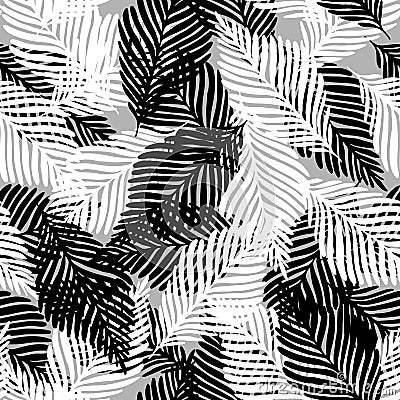 Plant palm leaf tropic seamless pattern. Abstract black and white background Stock Photo