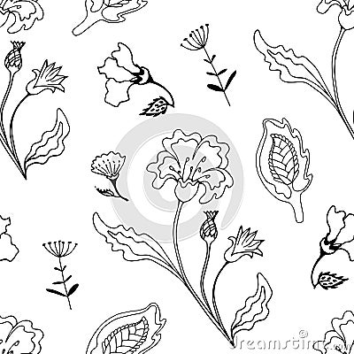 Seamless pattern ornate floral monochrome vector illustration fantasy flowers Vector Illustration