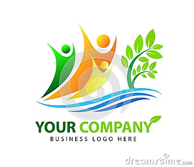 Plant, people, water, natural, logo, health, sun, leaf, botany, ecology, symbol icon set design vector Stock Photo