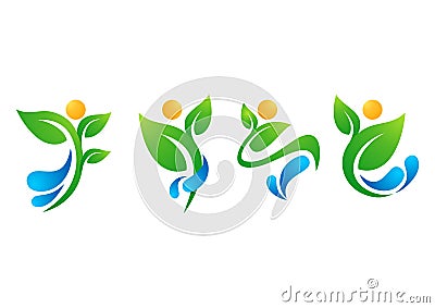 plant, people, water, spring, natural, logo, health, sun, leaf, botany, ecology, symbol icon set design vector Vector Illustration