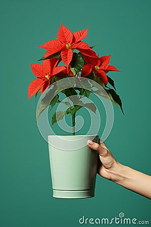 Plant poinsettia floral bloom gift seasonal celebrate christmas red flower holiday growing Stock Photo