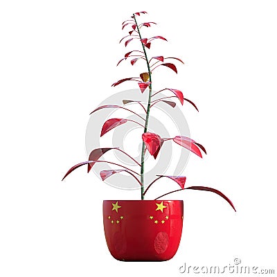 Plant in a pot with the colors of the China flag Cartoon Illustration