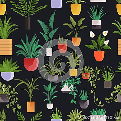 Plant in pot set seamless pattern. Cartoon flat different indoor potted decorative houseplants Vector Illustration