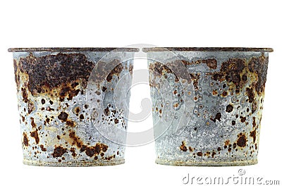 Plant pots full of flaky coating of iron oxide Stock Photo