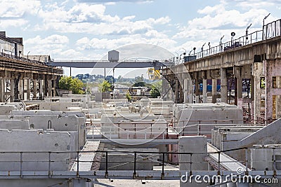 Plant for the production of reinforced concrete slabs and foundation blocks for large-panel construction. Panels for the Editorial Stock Photo