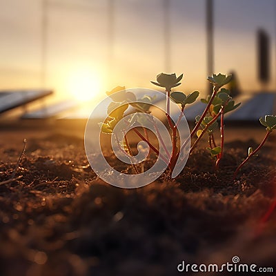 Plant rising from the ground at sunset with solar panels in the background. Eco, sustainability, renewable energies. Generative Stock Photo