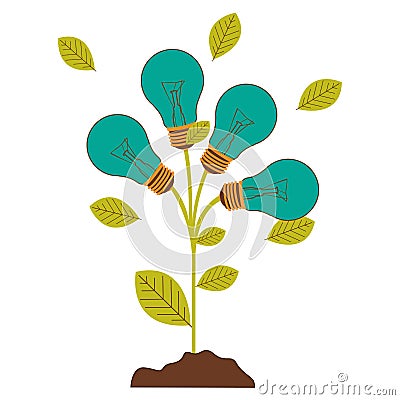 plant stem with leaves and Incandescent bulbs with light turquoise Cartoon Illustration