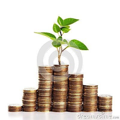 Plant or tree grows on stack of coins,Finance, account, saving, and investment concept,AI generated Stock Photo