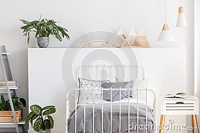 Plant and triangles on headboard in teenager`s bedroom interior Stock Photo