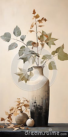 Plant In Vase With Branch: A Beautiful Watercolour And Oil Painting Stock Photo