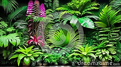 Plant wall with lush green colors, variety plant forest garden. Stock Photo