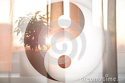 Plant on window sill behind curtain at home and and Yin Yang symbol. Feng Shui philosophy Stock Photo