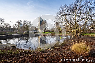 Planten un Blomen Park with St. Pauli district view - Hamburg, Germany Stock Photo