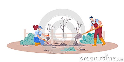 Planting fruit trees. Isolated man and woman Stock Photo