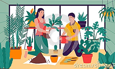 Planting at home. Friends taking care of houseplants. People replanting and watering ficuses. Hobby or decoration room Vector Illustration