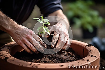 Planting a plant in a pot. Gardening Stock Photo