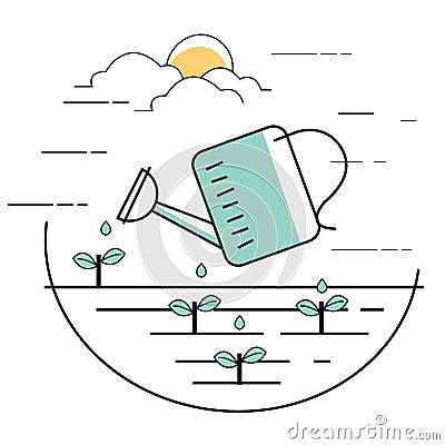 Planting pouring water into plant gardening line style illustration Vector Illustration