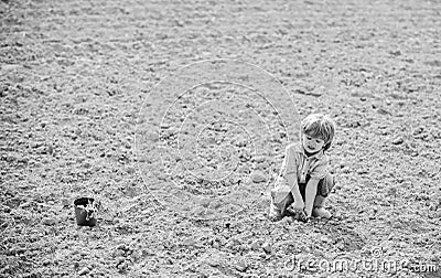 Planting seedlings. Child having fun with little shovel and plant in pot. Planting in field. Little helper in garden Stock Photo