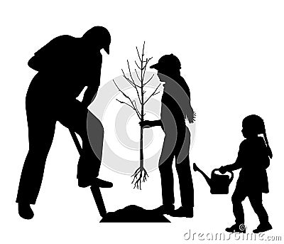 Planting tree and landscaping. Silhouettes of man with shovel and children girls with tree seedling and watering can. Vector Vector Illustration