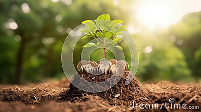 Planting a tree on a pile of money, including the hand of a woman holding a coin to a tree on the coin, money saving ideas and Stock Photo