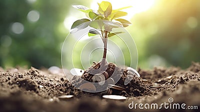 Planting a tree on a pile of money, including the hand of a woman holding a coin to a tree on the coin, money saving ideas and Stock Photo