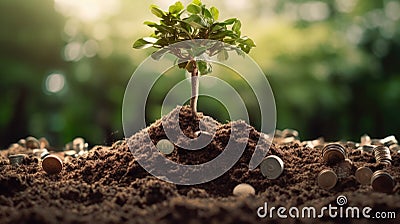 Planting a tree on a pile of money, including the hand of a woman holding a coin to a tree on the coin, money saving ideas and Stock Photo