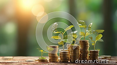 Planting a tree on a pile of money, including the hand of a woman holding a coin to a tree on the coin, money saving ideas and Stock Photo